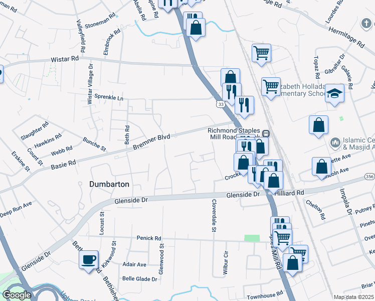 map of restaurants, bars, coffee shops, grocery stores, and more near 4106 Birch Point Court in Richmond