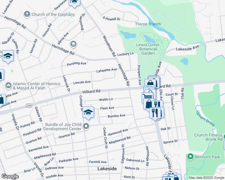 map of restaurants, bars, coffee shops, grocery stores, and more near 2324 Hilliard Road in Henrico