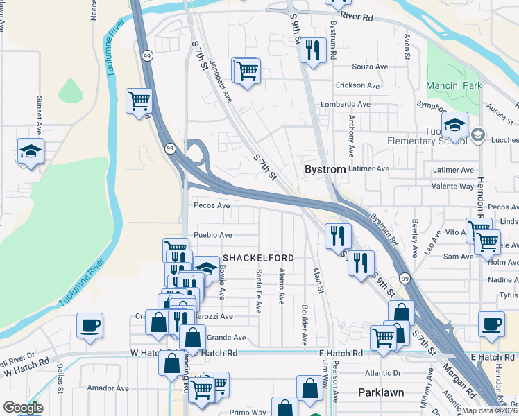 map of restaurants, bars, coffee shops, grocery stores, and more near Pecos Avenue & Santa Fe Avenue in Modesto