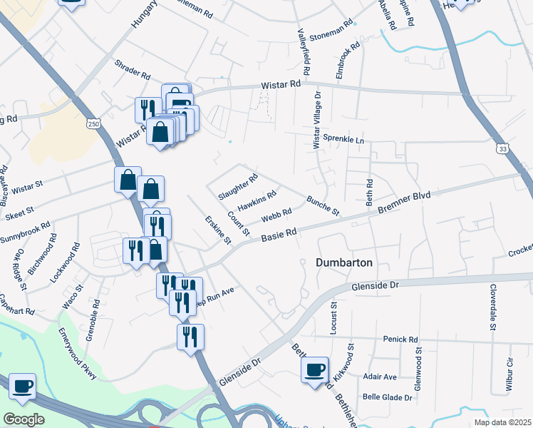 map of restaurants, bars, coffee shops, grocery stores, and more near 3210 Webb Road in Richmond
