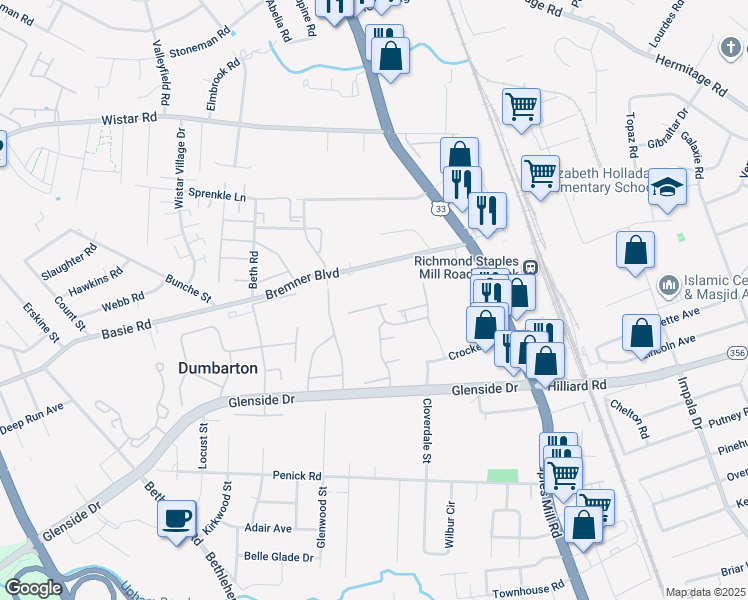 map of restaurants, bars, coffee shops, grocery stores, and more near 4106 Birch Point Court in Richmond