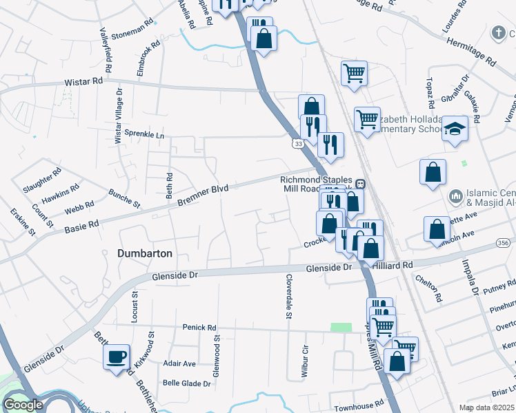 map of restaurants, bars, coffee shops, grocery stores, and more near 4102 Birch Point Court in Richmond