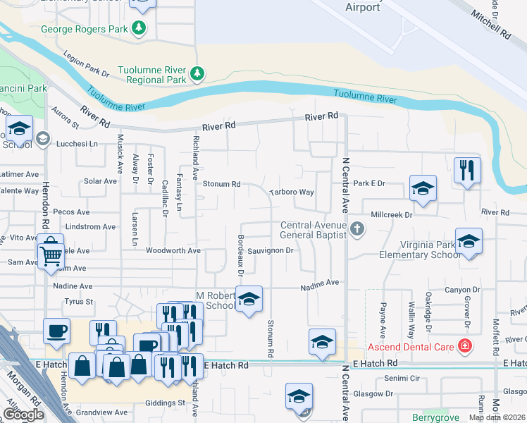 map of restaurants, bars, coffee shops, grocery stores, and more near 1901 Wann Court in Modesto
