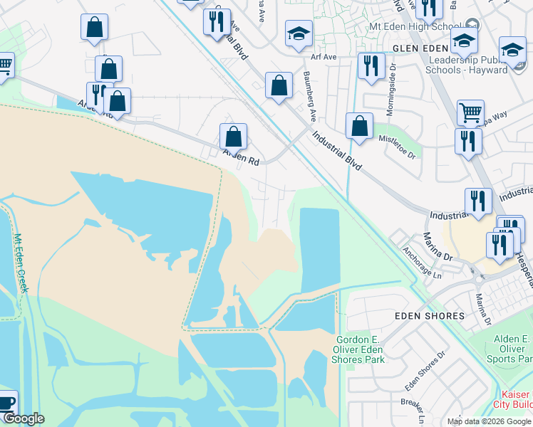 map of restaurants, bars, coffee shops, grocery stores, and more near 3401 Bridge Road in Hayward