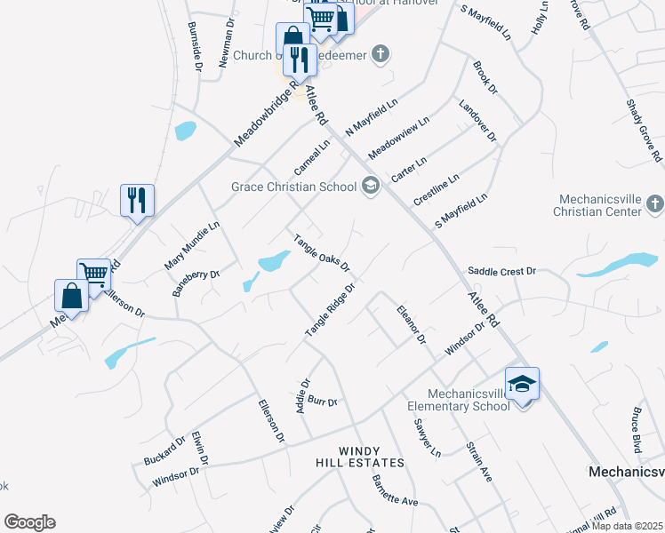 map of restaurants, bars, coffee shops, grocery stores, and more near 8254 Tangle Oaks Drive in Mechanicsville