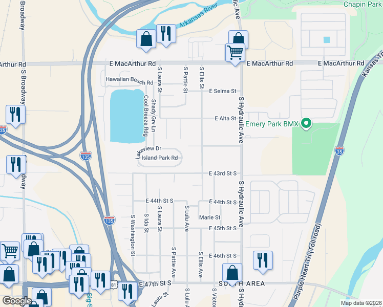 map of restaurants, bars, coffee shops, grocery stores, and more near 1409 Georgia Street in Wichita