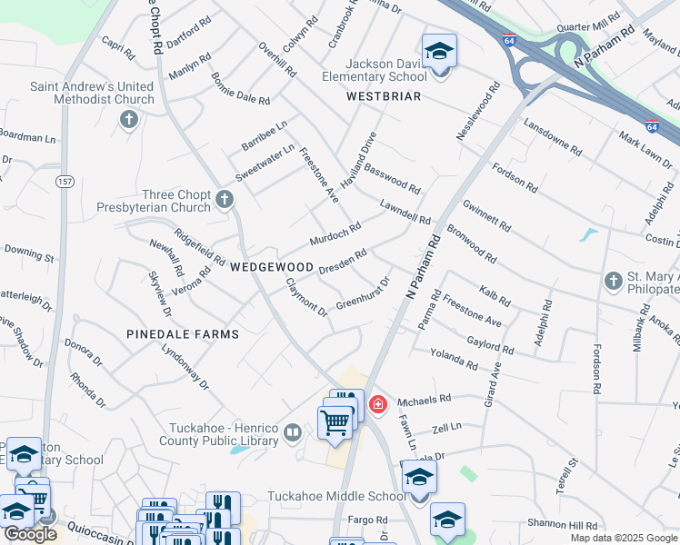 map of restaurants, bars, coffee shops, grocery stores, and more near 1905 Dresden Road in Richmond