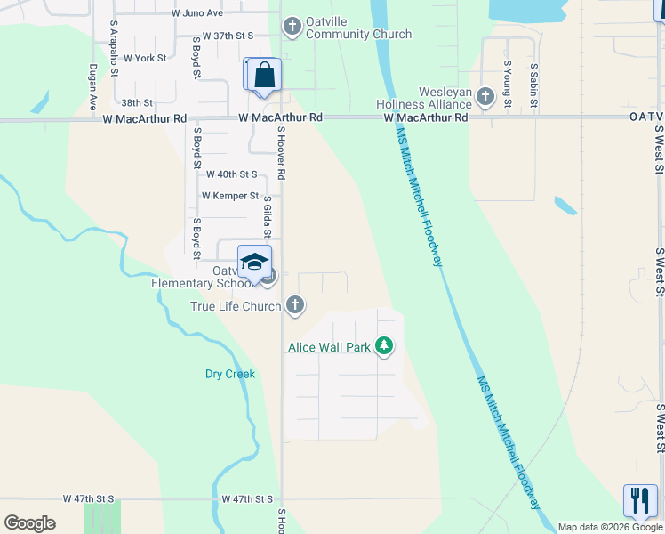 map of restaurants, bars, coffee shops, grocery stores, and more near 4292-4398 South Hoover Road in Wichita