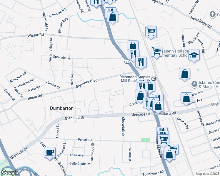 map of restaurants, bars, coffee shops, grocery stores, and more near 4102 Birch Point Court in Richmond