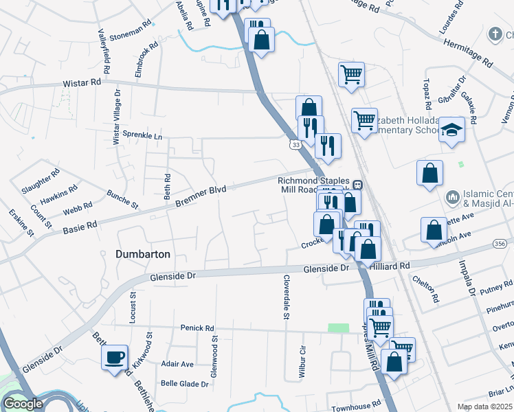 map of restaurants, bars, coffee shops, grocery stores, and more near 4100 Birch Point Court in Richmond