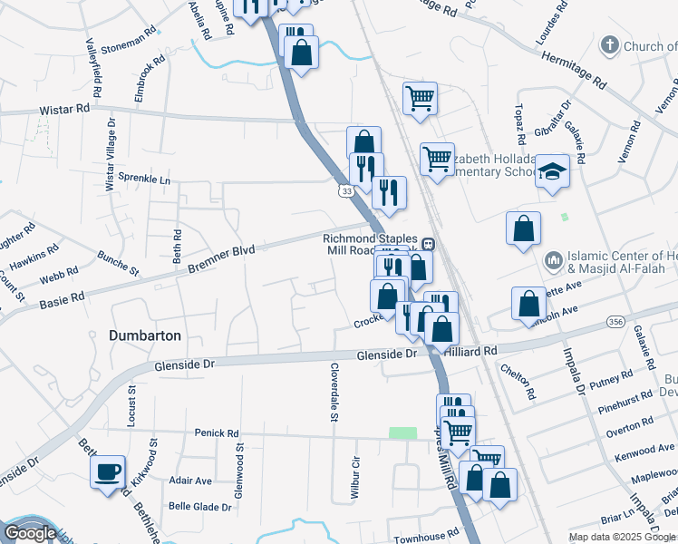 map of restaurants, bars, coffee shops, grocery stores, and more near 6916 Alder Grove Drive in Richmond