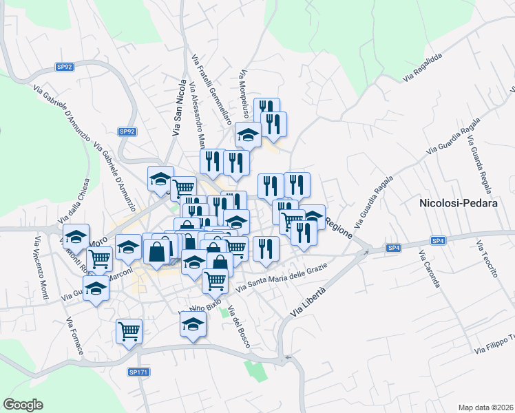 map of restaurants, bars, coffee shops, grocery stores, and more near Via della Regione in Nicolosi