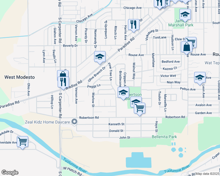 map of restaurants, bars, coffee shops, grocery stores, and more near 917 Pine Tree Lane in Modesto