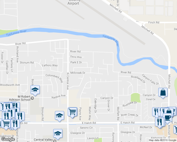 map of restaurants, bars, coffee shops, grocery stores, and more near 2329 Millcreek Drive in Ceres