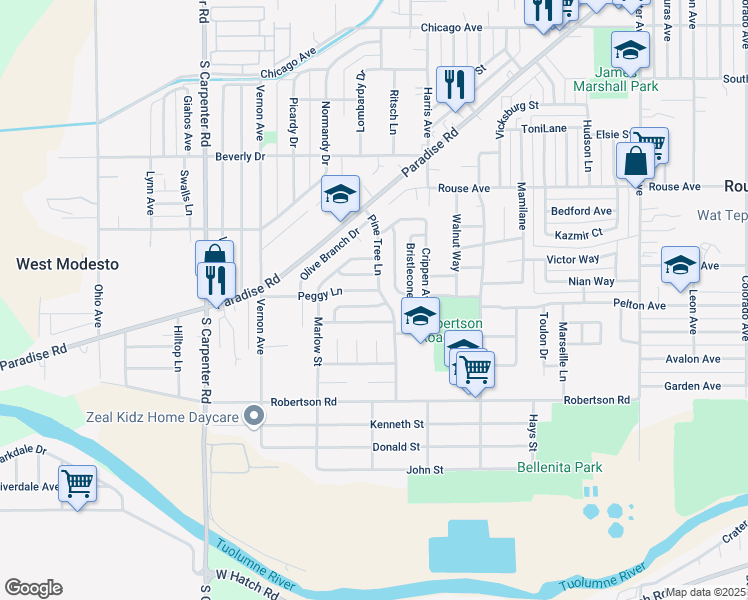 map of restaurants, bars, coffee shops, grocery stores, and more near 917 Pine Tree Lane in Modesto