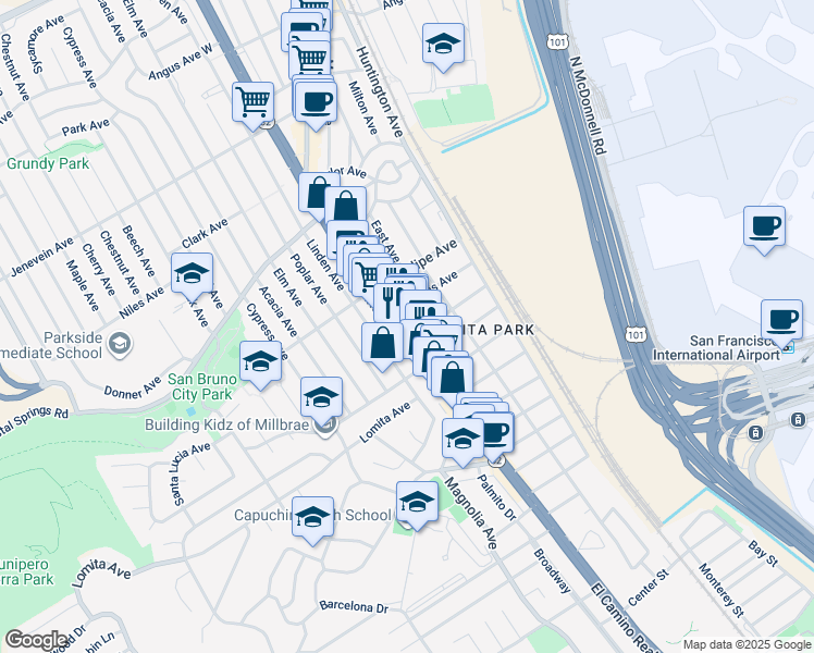 map of restaurants, bars, coffee shops, grocery stores, and more near 160 California 82 in San Bruno