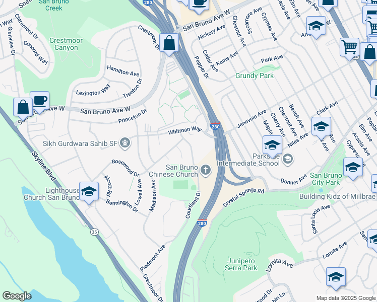 map of restaurants, bars, coffee shops, grocery stores, and more near 341 Courtland Drive in San Bruno