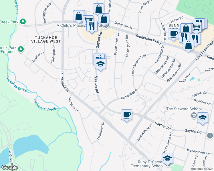 map of restaurants, bars, coffee shops, grocery stores, and more near 1708 Choate Place in Henrico