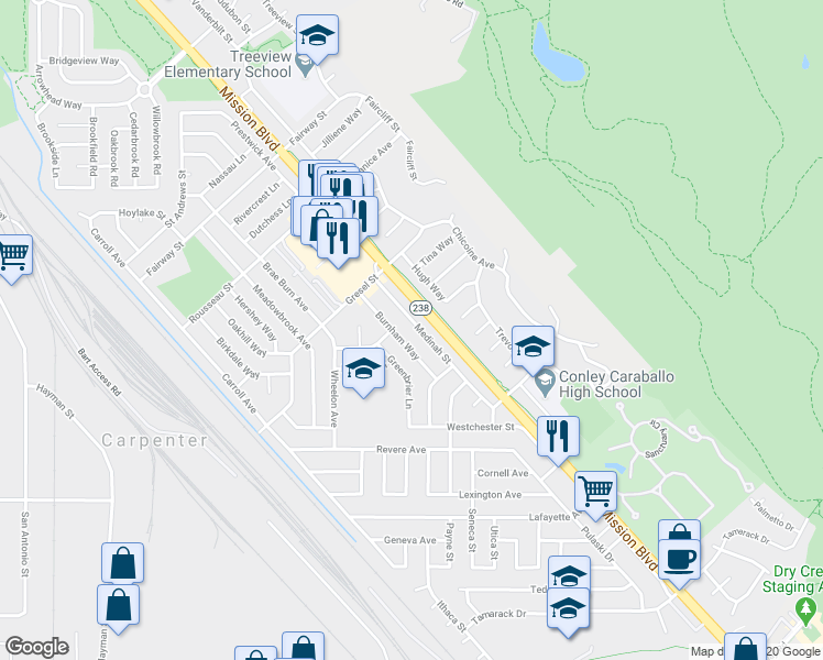 map of restaurants, bars, coffee shops, grocery stores, and more near 31529 Medinah Street in Hayward