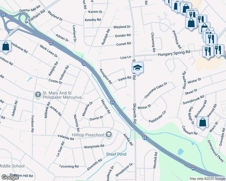 map of restaurants, bars, coffee shops, grocery stores, and more near 2302 Arrington Road in Richmond