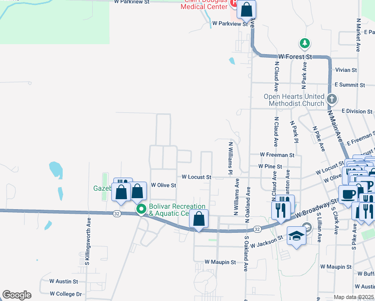 map of restaurants, bars, coffee shops, grocery stores, and more near 498 Michael Ave in Bolivar