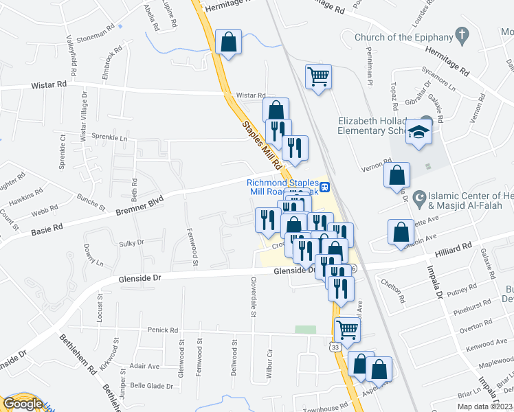 map of restaurants, bars, coffee shops, grocery stores, and more near 6918 Alder Grove Drive in Henrico