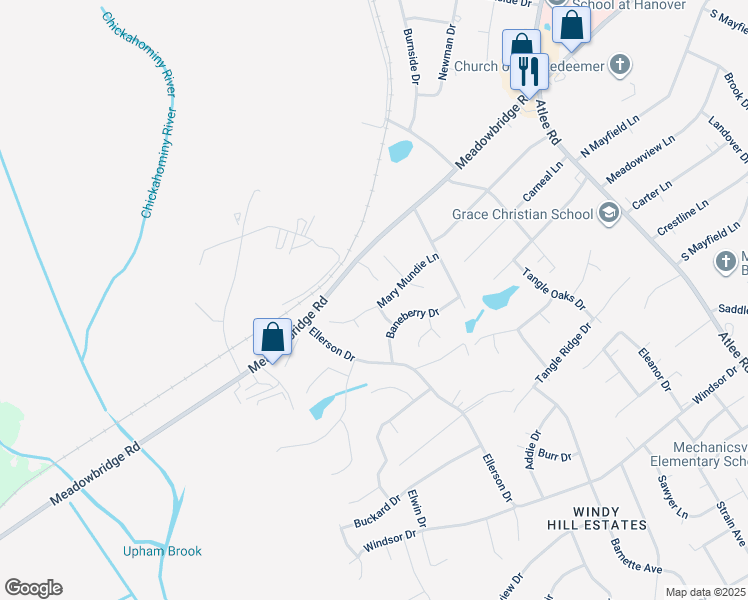 map of restaurants, bars, coffee shops, grocery stores, and more near 8374 Mary Mundie Lane in Mechanicsville