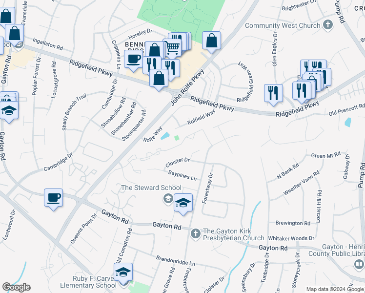map of restaurants, bars, coffee shops, grocery stores, and more near 11659 Timberly Waye in Richmond