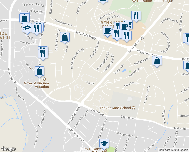 map of restaurants, bars, coffee shops, grocery stores, and more near 2029 Airy Circle in Henrico