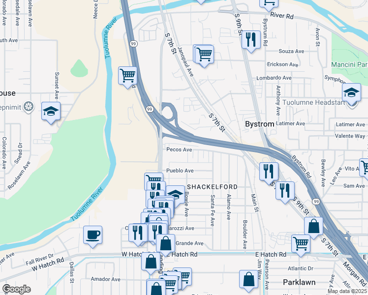 map of restaurants, bars, coffee shops, grocery stores, and more near 215 Pecos Avenue in Modesto