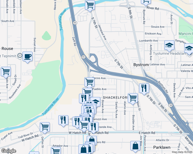 map of restaurants, bars, coffee shops, grocery stores, and more near 854 Crows Landing Road in Modesto