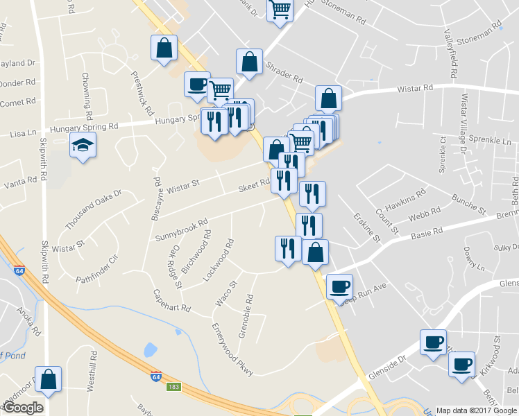map of restaurants, bars, coffee shops, grocery stores, and more near 2611 Sunnybrook Road in Richmond