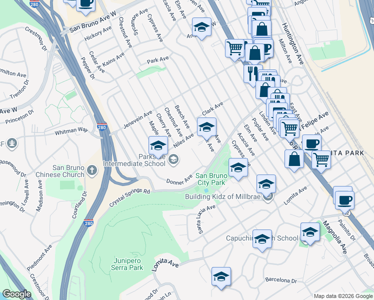 map of restaurants, bars, coffee shops, grocery stores, and more near 385 Palomar Court in San Bruno
