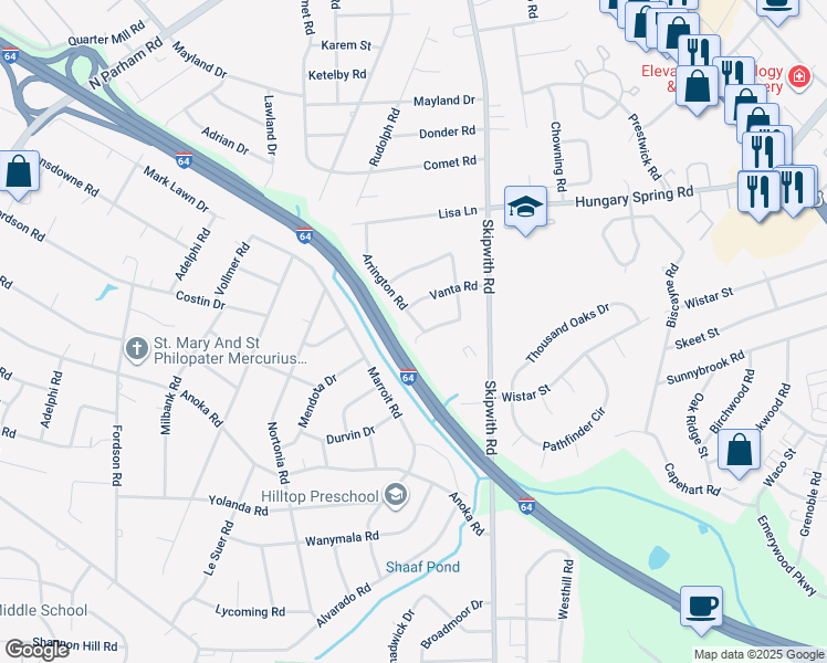 map of restaurants, bars, coffee shops, grocery stores, and more near 2302 Arrington Road in Richmond