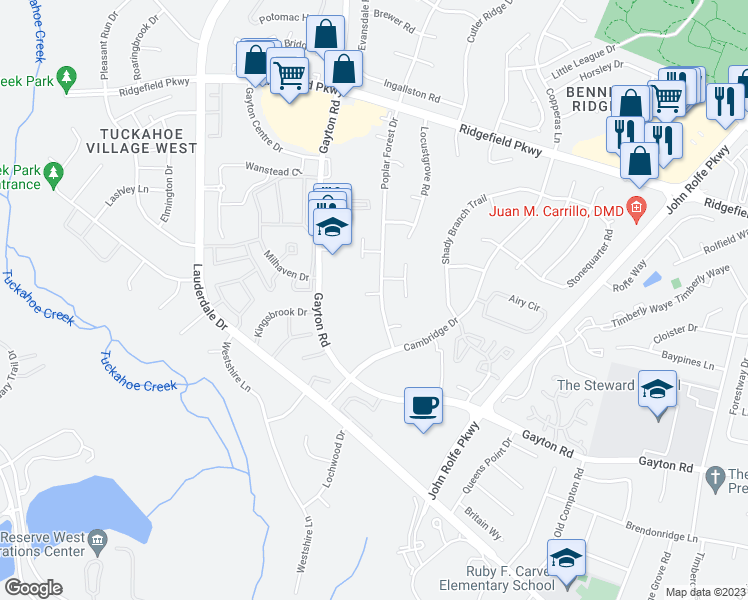 map of restaurants, bars, coffee shops, grocery stores, and more near 12222 Poplar Forest Drive in Henrico