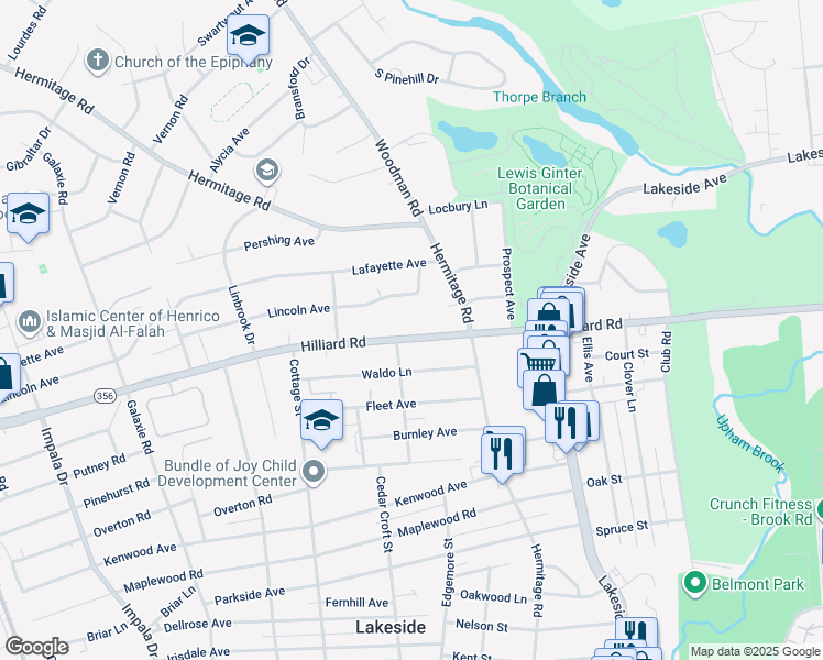 map of restaurants, bars, coffee shops, grocery stores, and more near 2324 Hilliard Road in Henrico