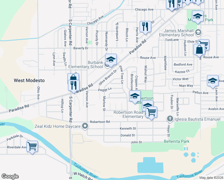 map of restaurants, bars, coffee shops, grocery stores, and more near 2032 Peggy Lane in Modesto