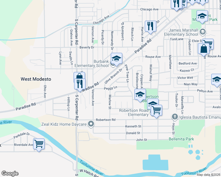 map of restaurants, bars, coffee shops, grocery stores, and more near 2048 Peggy Lane in Modesto