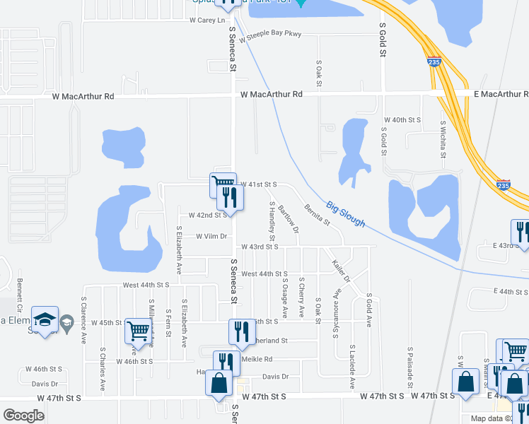 map of restaurants, bars, coffee shops, grocery stores, and more near 4301 South Handley Street in Wichita