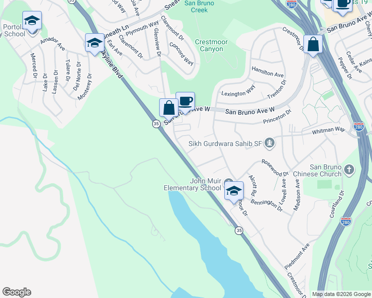 map of restaurants, bars, coffee shops, grocery stores, and more near 750 Glenview Drive in San Bruno