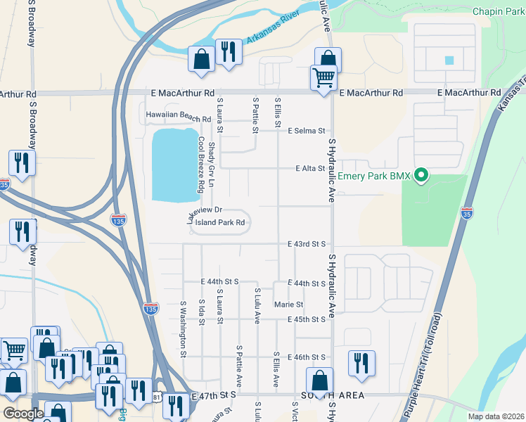 map of restaurants, bars, coffee shops, grocery stores, and more near 1409 Georgia Street in Wichita