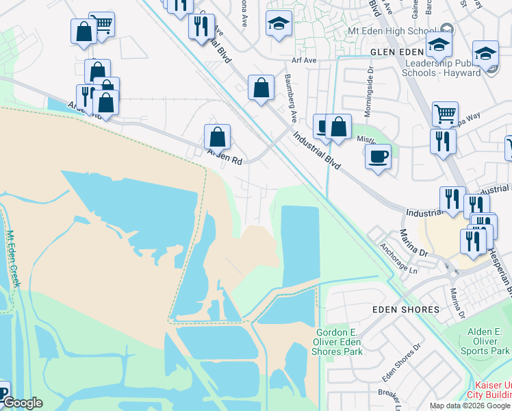 map of restaurants, bars, coffee shops, grocery stores, and more near 3401 Bridge Road in Hayward