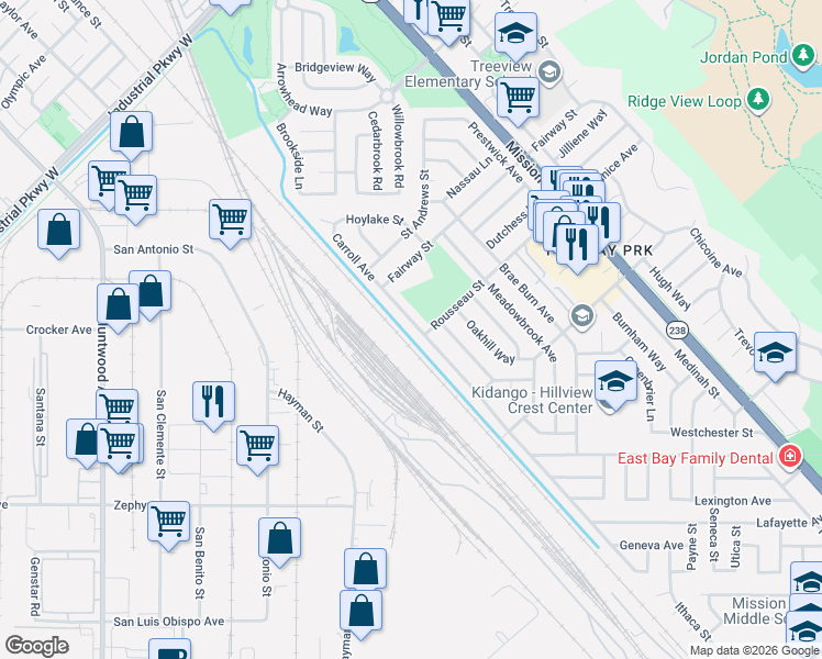 map of restaurants, bars, coffee shops, grocery stores, and more near 30969 Carroll Avenue in Hayward