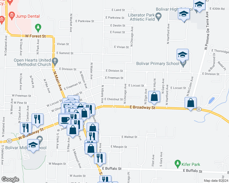 map of restaurants, bars, coffee shops, grocery stores, and more near 301-399 North Boston Avenue in Bolivar