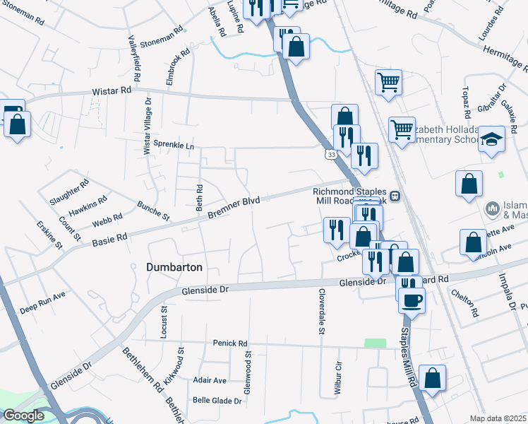 map of restaurants, bars, coffee shops, grocery stores, and more near 4129 Tatum Boulevard in Henrico
