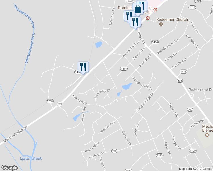 map of restaurants, bars, coffee shops, grocery stores, and more near 8009 Mike Mundie Lane in Mechanicsville