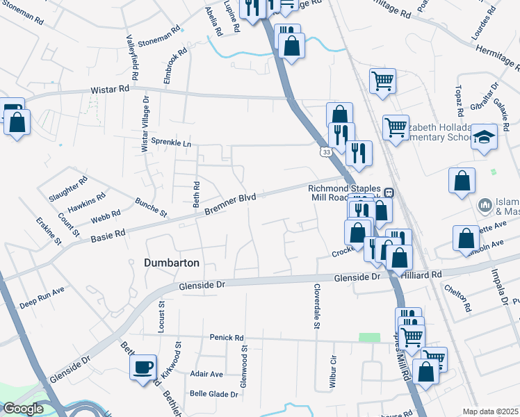 map of restaurants, bars, coffee shops, grocery stores, and more near 4129 Tatum Boulevard in Henrico
