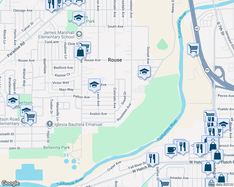 map of restaurants, bars, coffee shops, grocery stores, and more near 916 Middlecoff Avenue in Modesto
