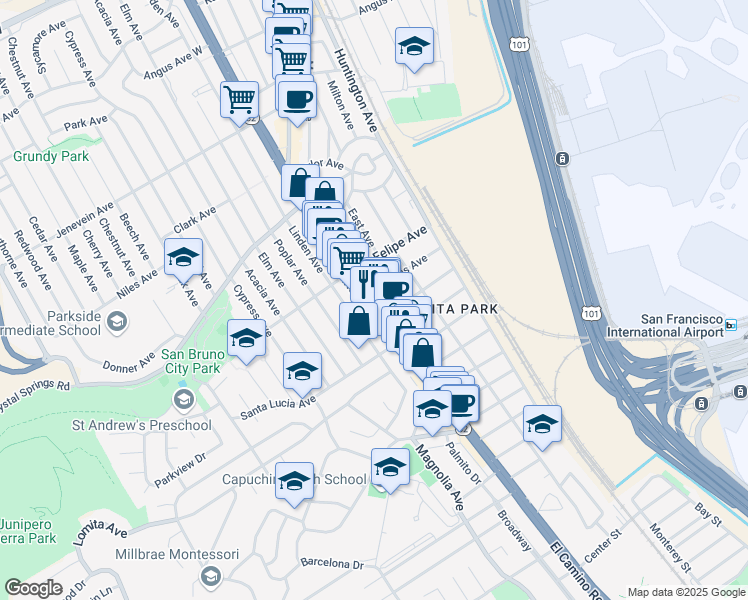 map of restaurants, bars, coffee shops, grocery stores, and more near 160 California 82 in San Bruno