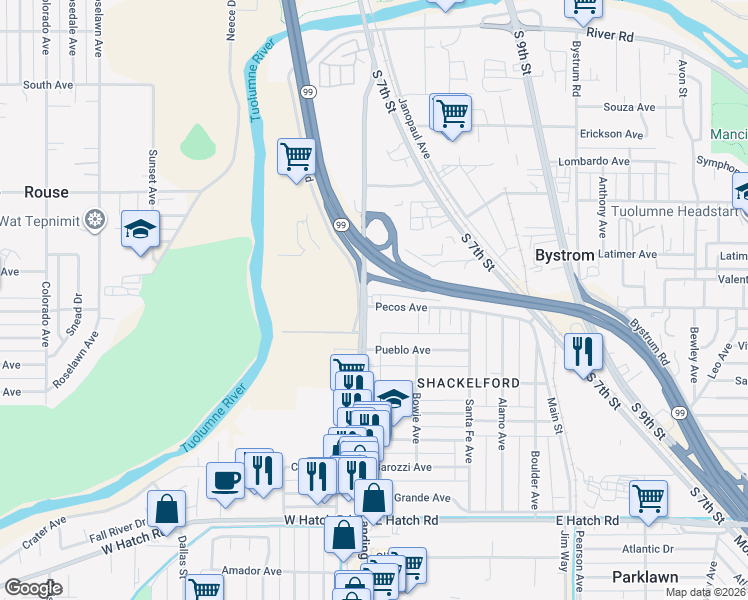 map of restaurants, bars, coffee shops, grocery stores, and more near 854 Crows Landing Road in Modesto